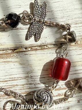 SMOKY QUARTZ & Red Glass Dragonfly Bracelet AMERICANA